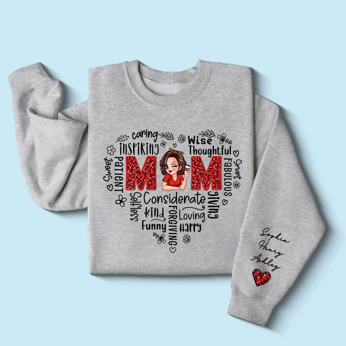 Mom Word Art Pretty Woman With Kids Names On Sleeve Personalized Sleeve Printed Sweatshirt