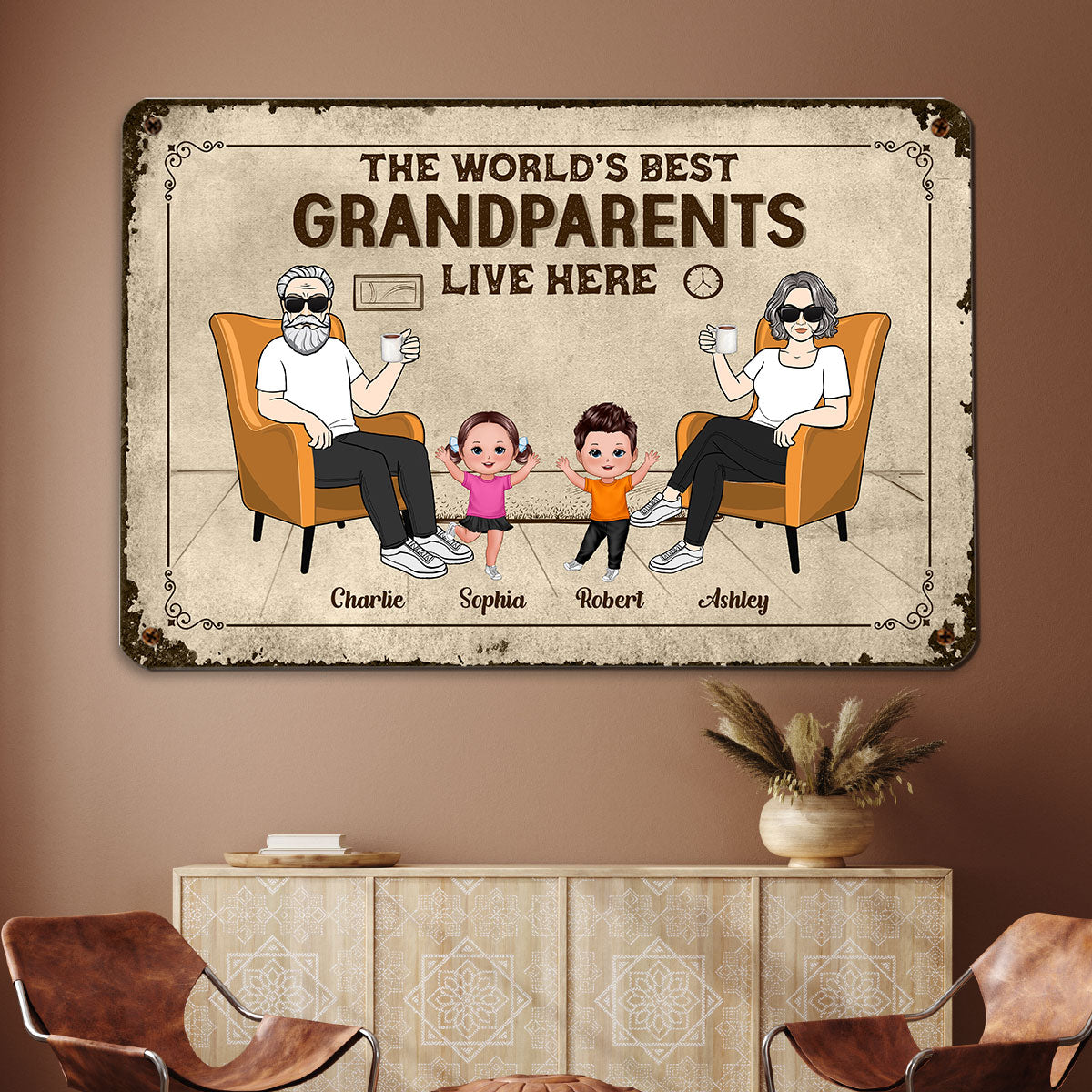 World‘s Best Grandparents Live Here Man Woman & Happy Kids Personalized Metal Sign