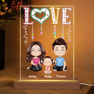 LOVE Happy Doll Whole Family Watercolor Style Couple Dad Mom Kids Dogs Cats Sitting Personalized Rectangle Acrylic Plaque LED Night Light