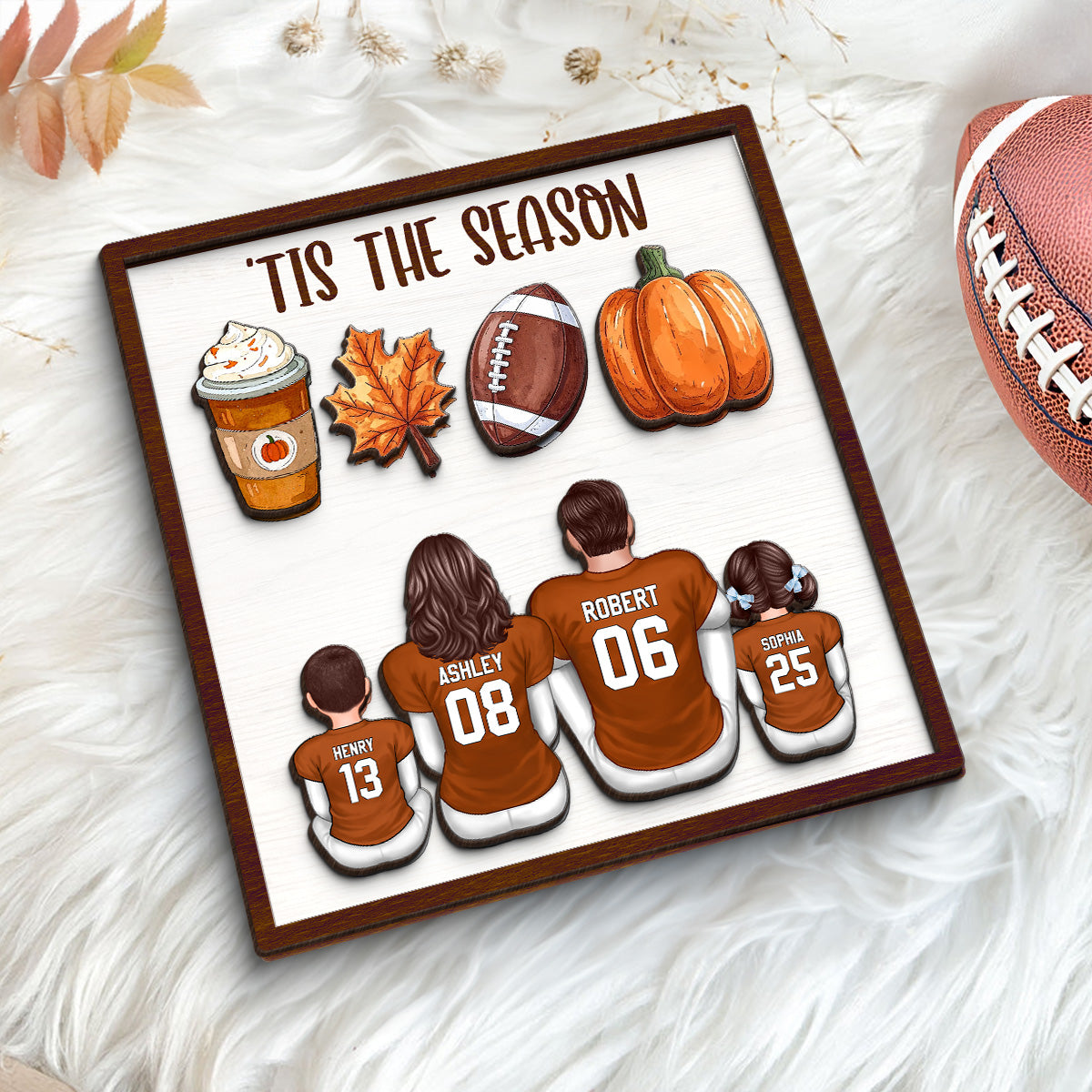 Fall Season 'Tis The Season Football Family Personalized 2-Layer Wooden Plaque