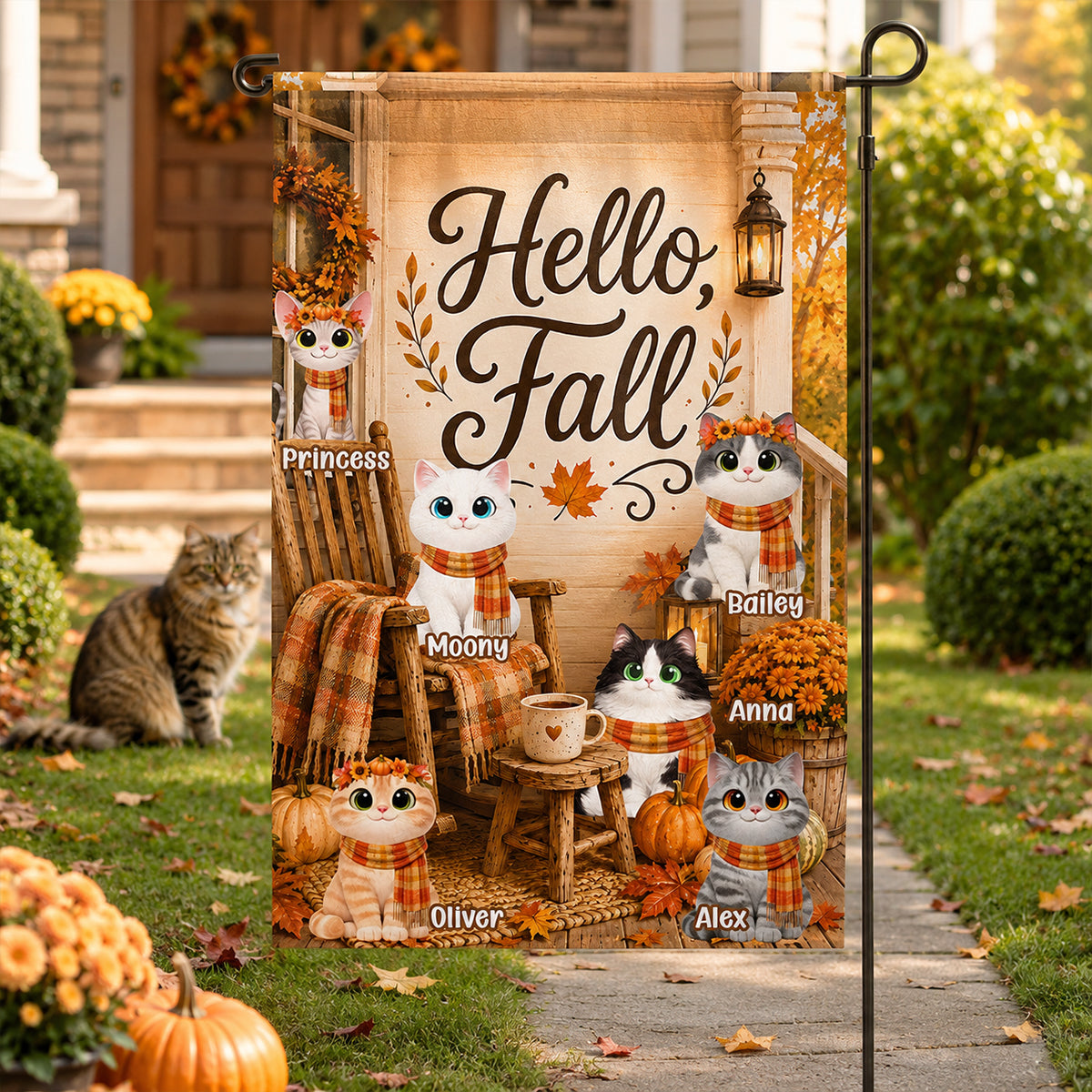 Hello Fall Cats Front Porch - Personalized Garden Flag - Fall Season Decor Gift, Gift For Cat Lovers