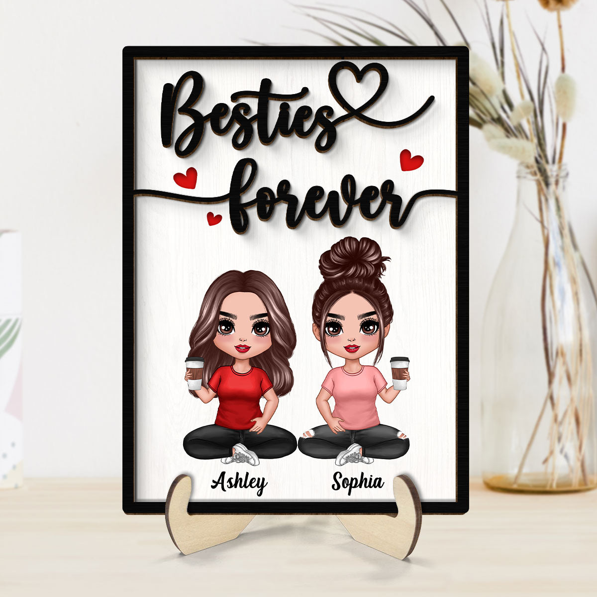 Besties Sisters Forever Gift For Best Friends Sisters Personalized 2-Layer Wooden Plaque