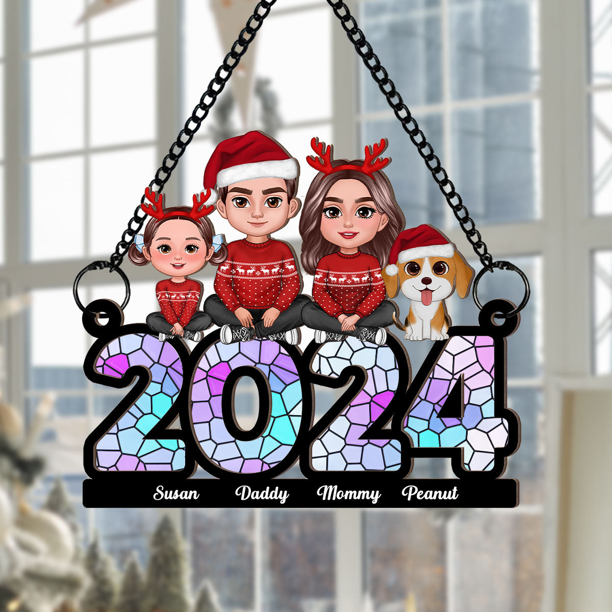Family Sitting 2024 Personalized Window Hanging Suncatcher Ornament, Christmas Decor
