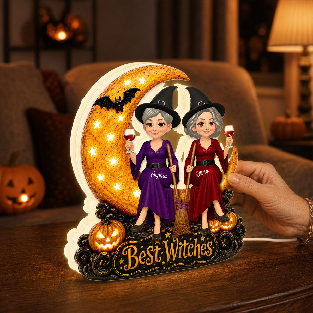 Witch Besties Sitting On Moon 2D Flat - Personalized Light Box - Halloween Gift Decoration