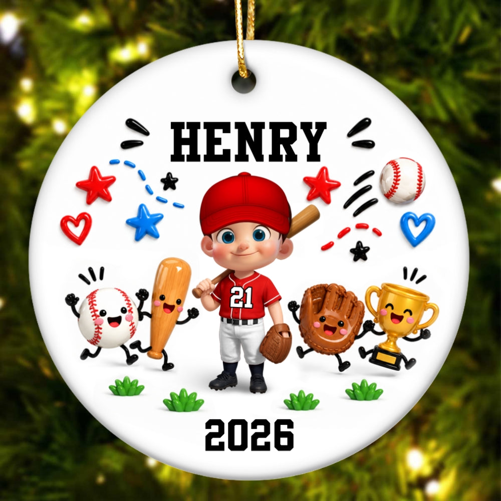 Cute Things Baseball Player 2D Flat Printed- Personalized Ceramic Ornament - Christmas Gift For Son, Grandson, Daughter, Granddaughter