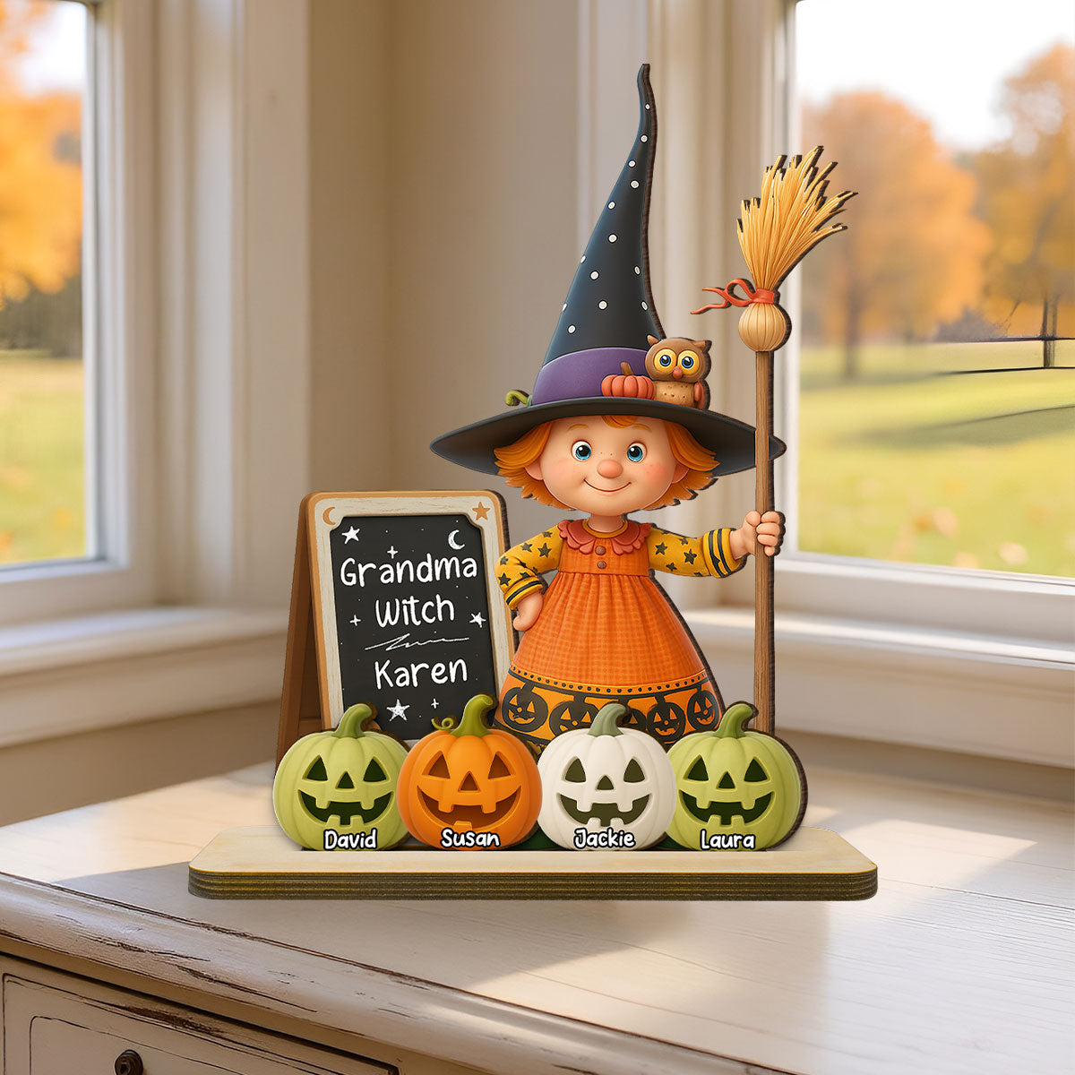 Grandma Witch Personalized Standing Wooden Plaque, Halloween Jack-o'-lantern Decor for Grandma