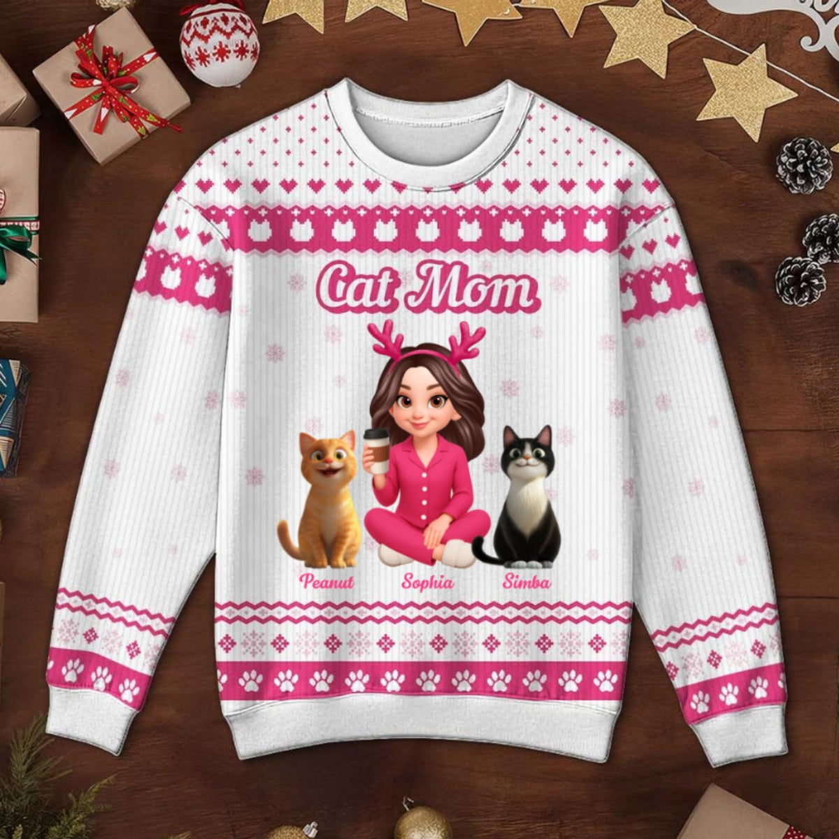 Christmas Pink Tone Cat Mom Faux Knitting Personalized Ugly Sweater