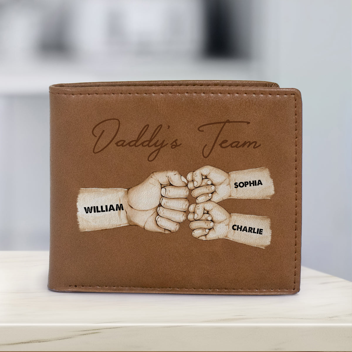 Daddy‘s Team Fist Bump Best Dad Ever Personalized Printed Leather Wallet, Gift For Husband, Dad