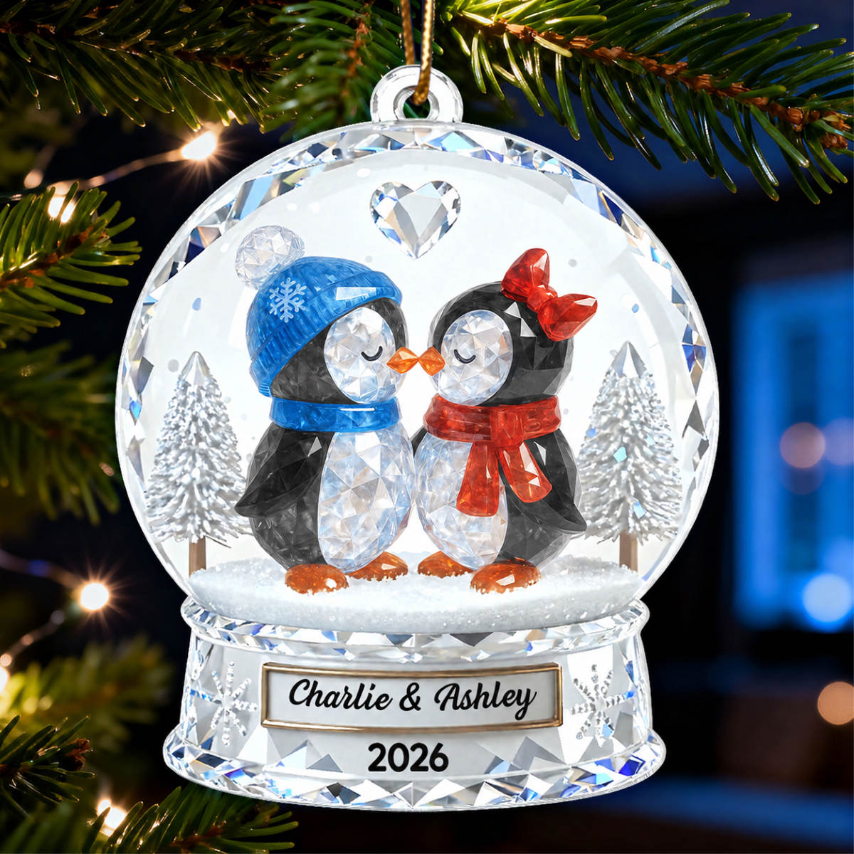 Penguin Couple 3D Crystal Effect - Personalized Acrylic Ornament - Christmas Gift for him, Gift for her