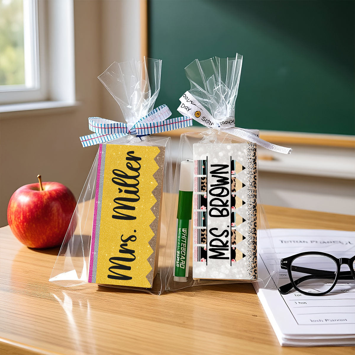Teacher Pencil Glitter Pattern Personalized Teacher Whiteboard/Chalkboard Eraser with Marker, Teacher Appreciation Gifts, Back-to-School Teacher Gift Set