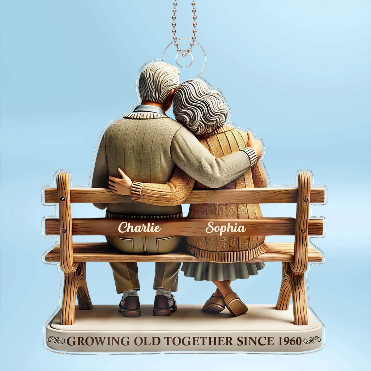3D Effect Old Couple Sitting On Bench Growing Old Together Since Personalized Car Hanger Ornament, Heartfelt Gift For Couple, For Him, For Her, Husband, Wife