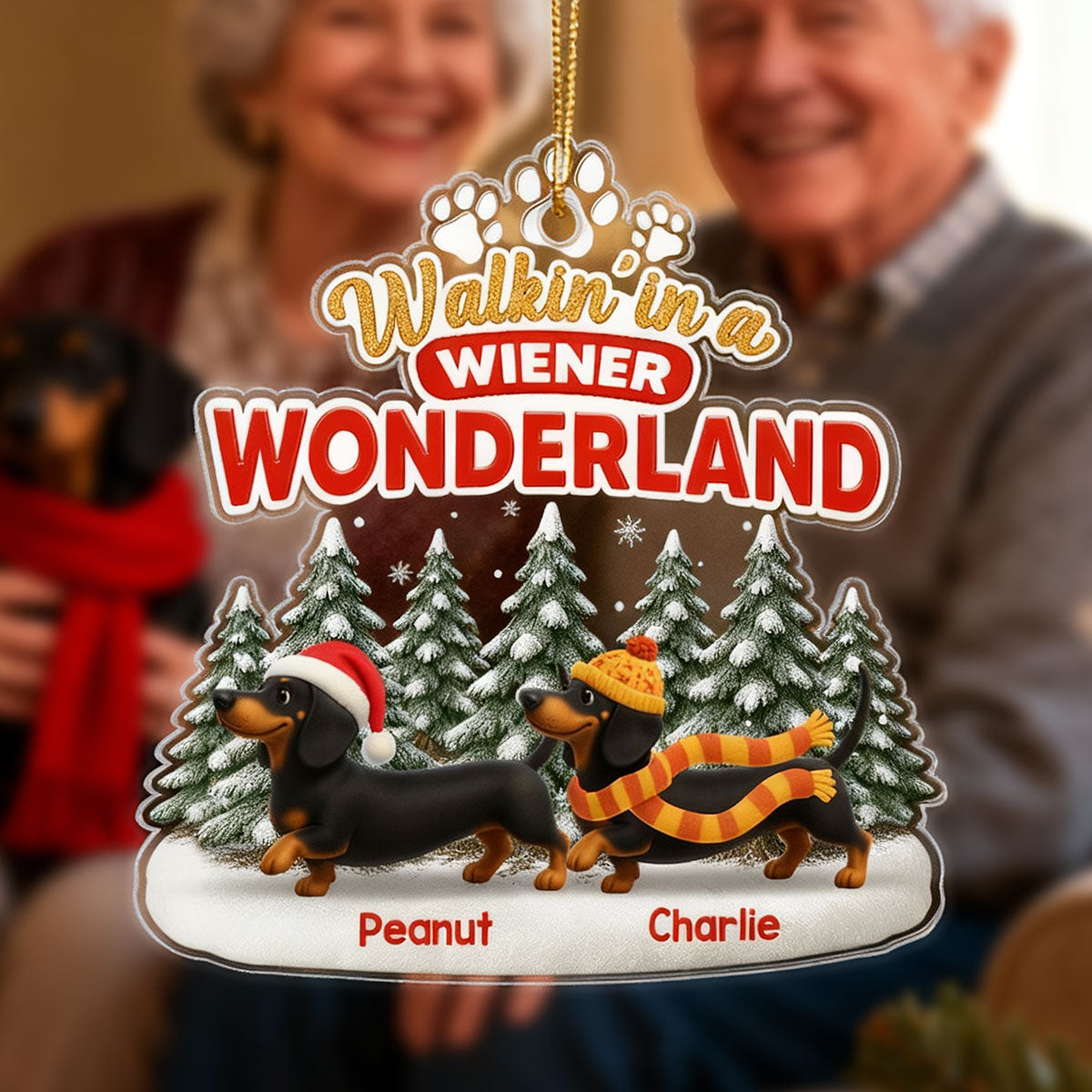 3D Effect Dachshunds Walking In A Wiener Wonderland - Personalized Acrylic ornament