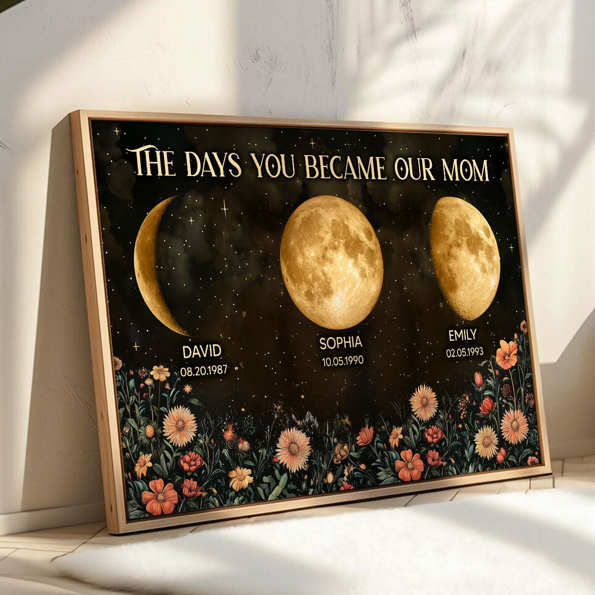 Vintage Flowers The Day You Become Mom Birth Moon Phase Personalized Poster, A Heartfelt Gift for Mom’s Birthday, Mother’s Day, or Just Because