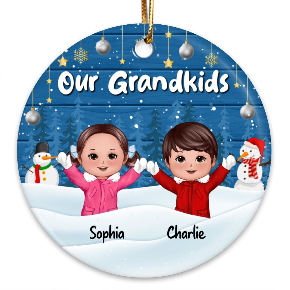 Happy Kids Playing In Snow Blue Wooden Personalized Circle Ornament