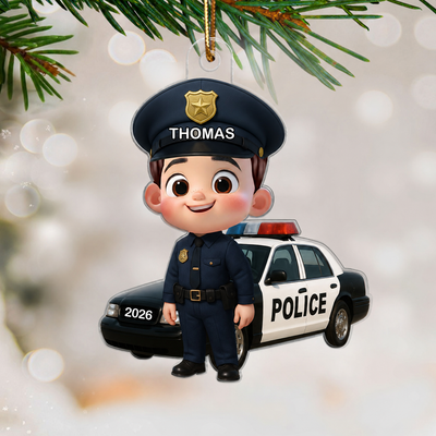 3D Effect Little Kid Boy Dream Job Police Christmas Personalized Acrylic Ornament