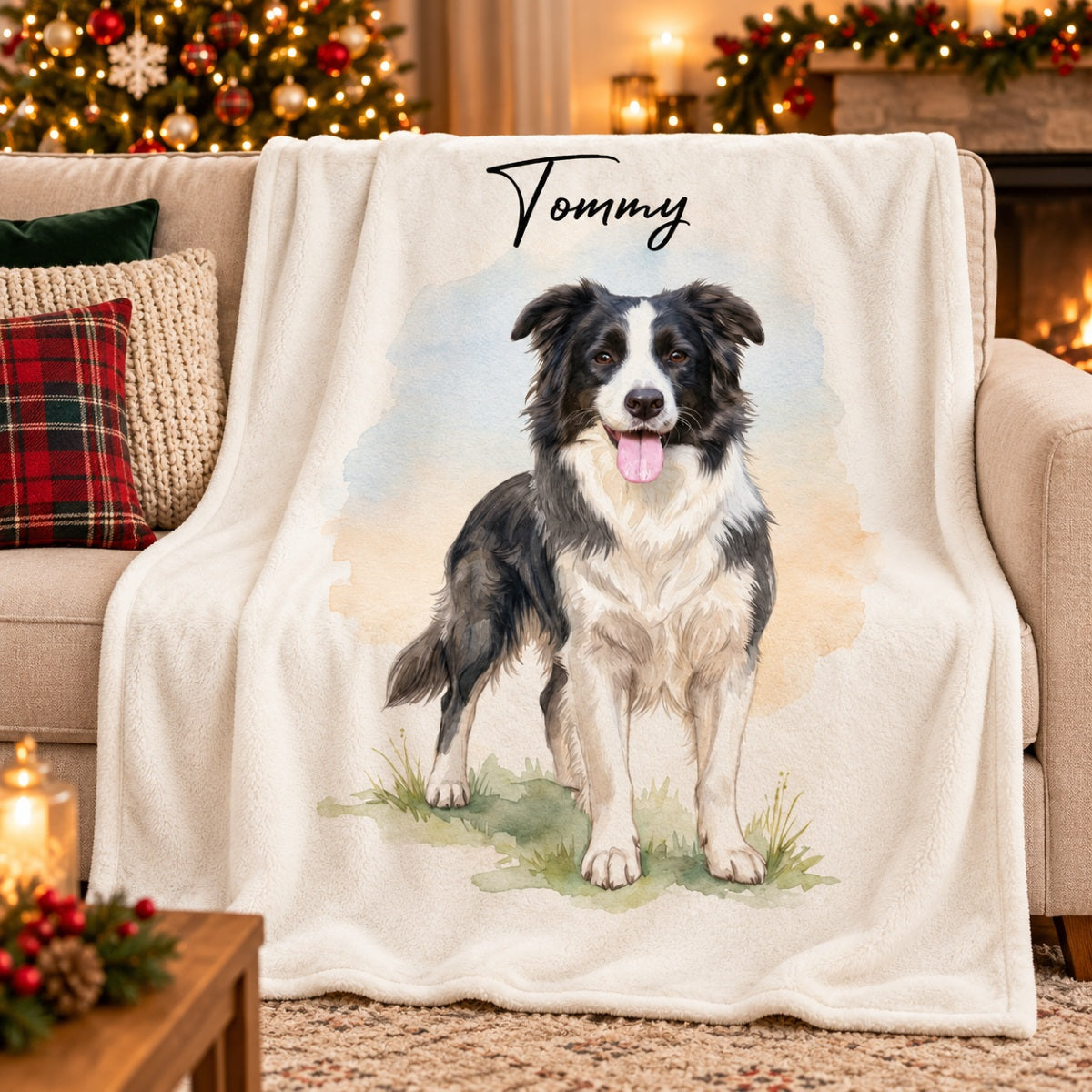 Custom Dog Cat Watercolor Portrait from Photo - Personalized Fleece Blanket - Christmas Gift for Dog Lovers, Memorial Gift