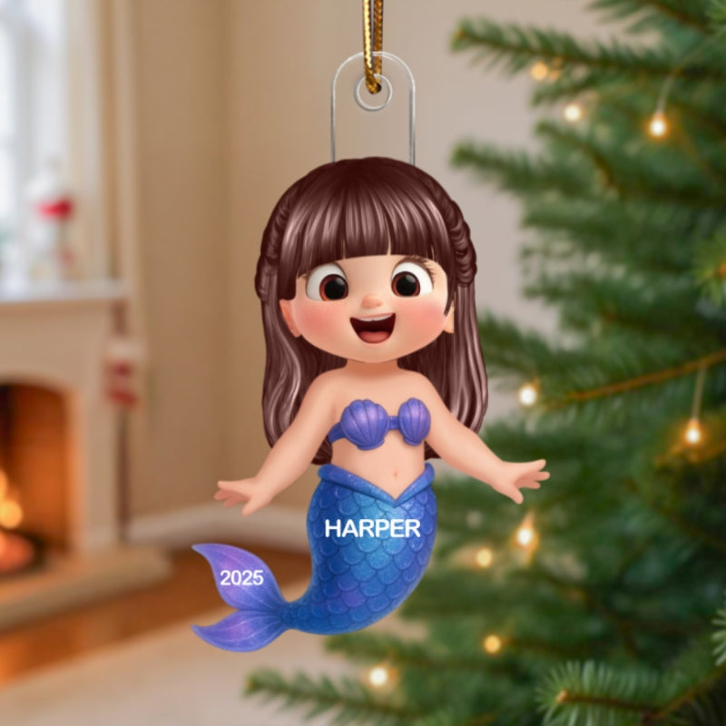 3D Effect Little Girl Mermaid Christmas Personalized Acrylic Ornament