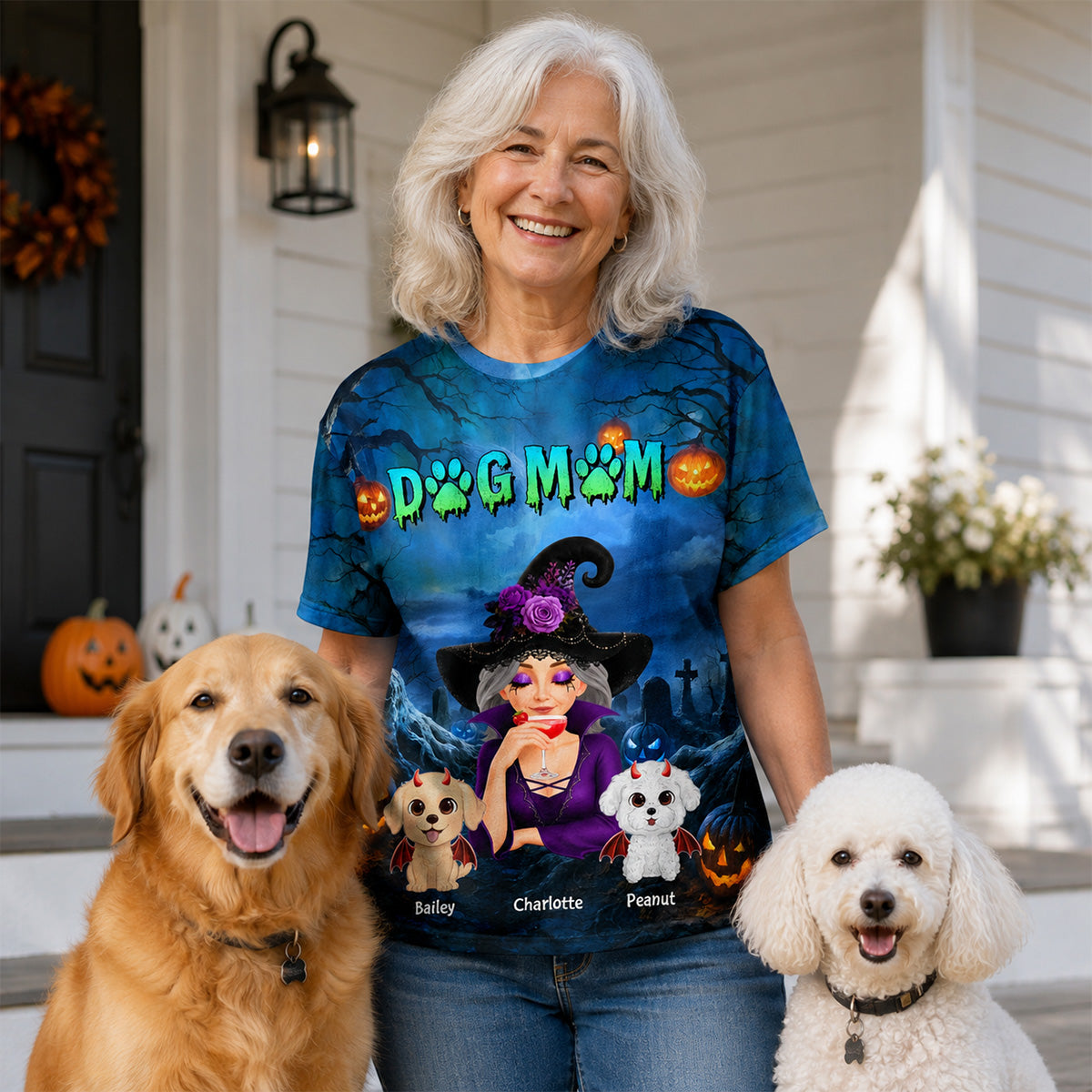 Dog Mom In Halloween Night Blue Theme - Personalized Shirt - Halloween Costume for Dog Lovers