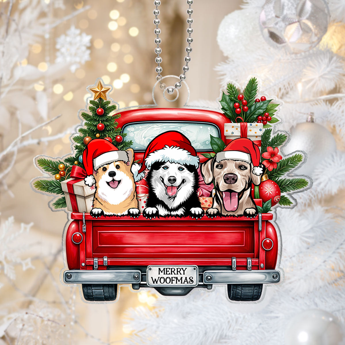 Merry Woofmas Dogs On Truck Personalized Acrylic Ornament, Christmas Gift For Dog Mom Dog Dad