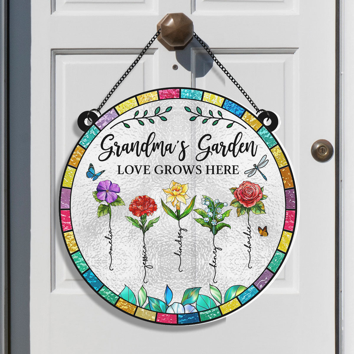 Grandma‘s Garden Love Grows Here Beautiful Birth Month Flowers Personalized Acrylic Suncatcher