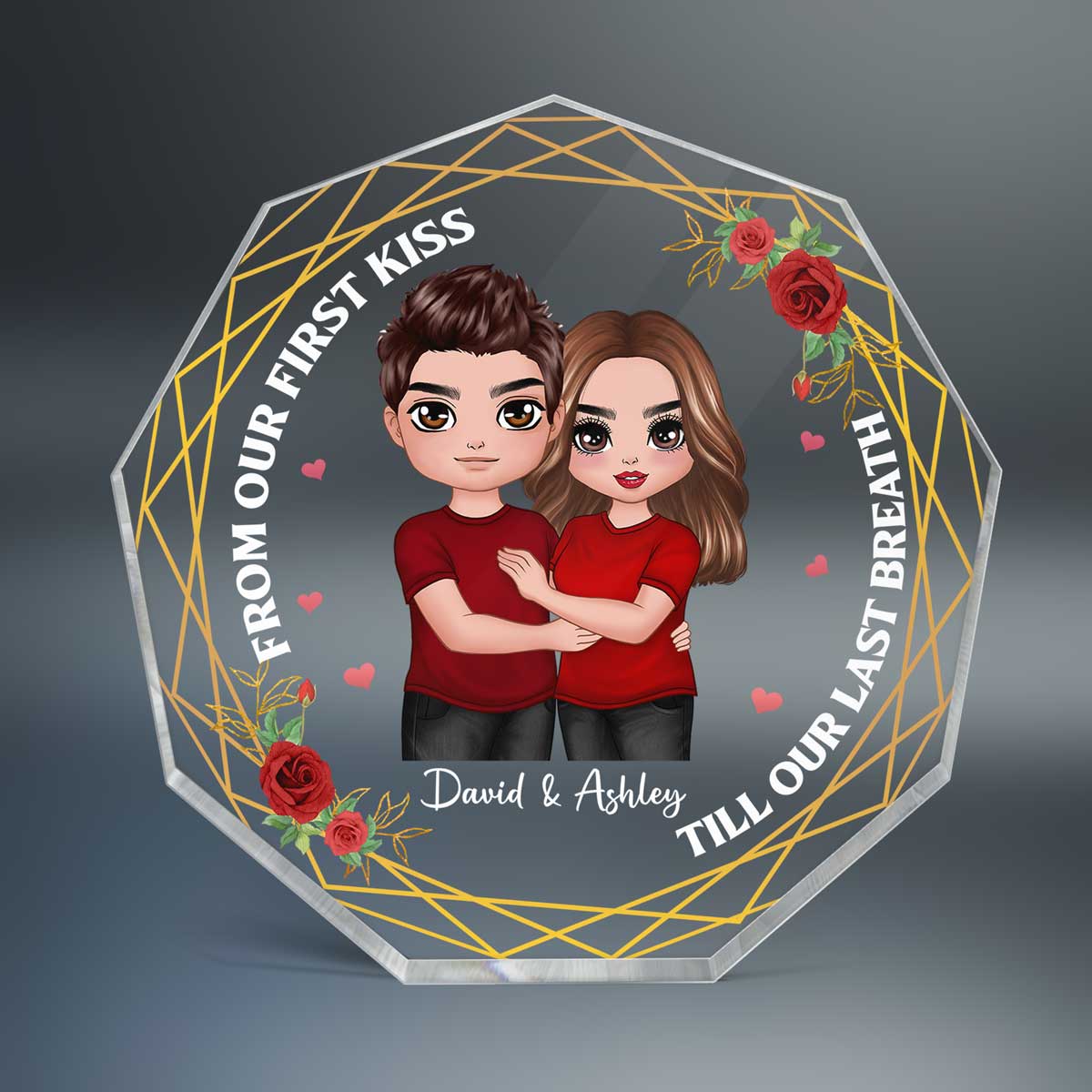 Standing Embracing Doll Couple Flower Personalized Nonagon Acrylic Plaque - Gift For Him Gift For Her