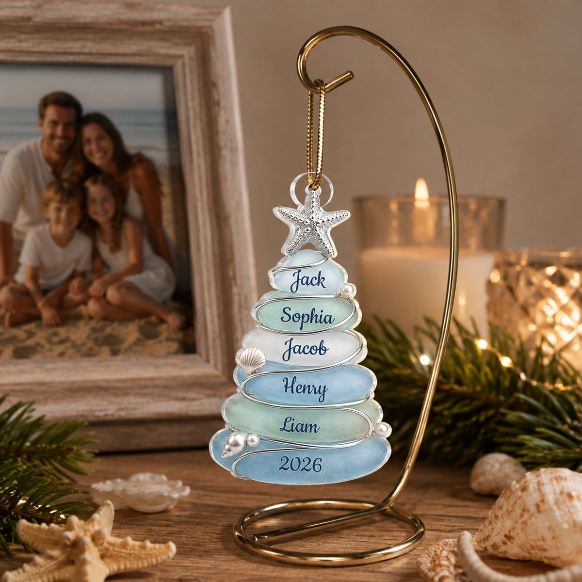 Custom Sea Glass Tree - Personalized Acrylic Ornament - Beach Family Christmas Decor