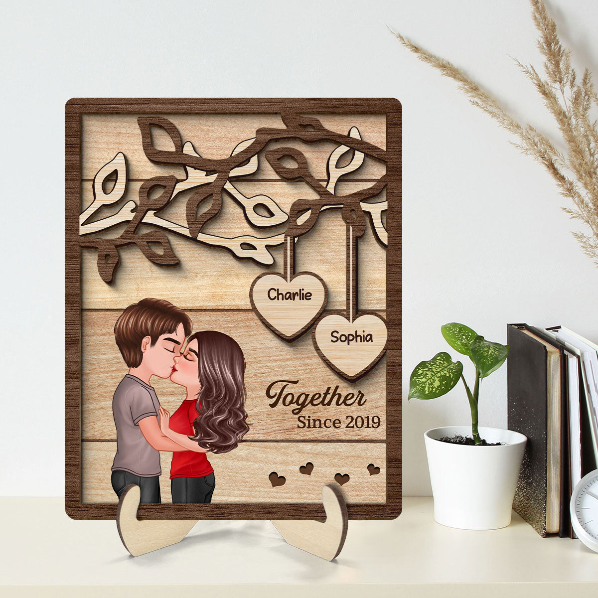 Couple Kissing Under Tree Personalized 2-Layer Rectangle Wooden Plaque