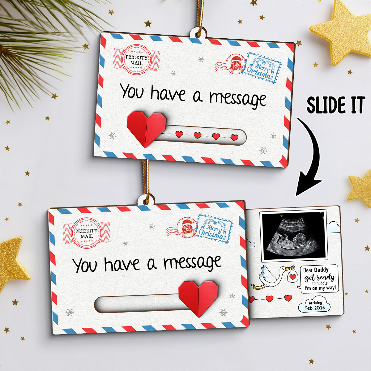 New Baby Reveal Hidden Message - Personalized Slider Ornament - Family, Daddy, Grandparents pregnancy announcement gift