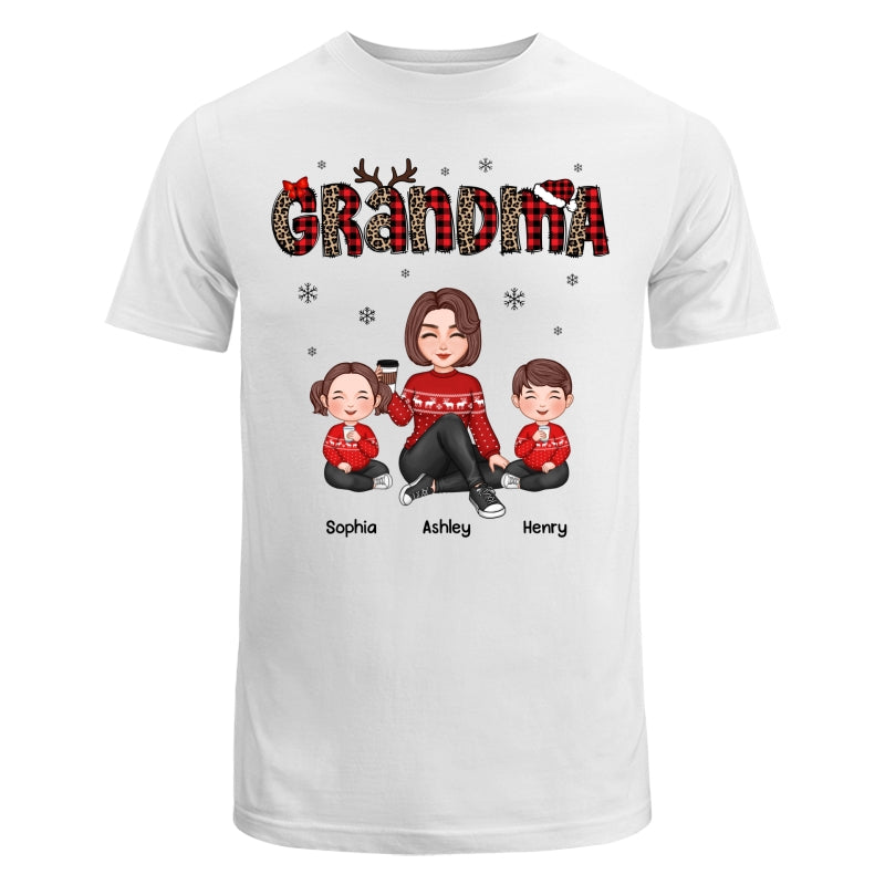 Leopard & Checkered Plaid Christmas Pattern Grandma & Grandkids Personalized Shirt