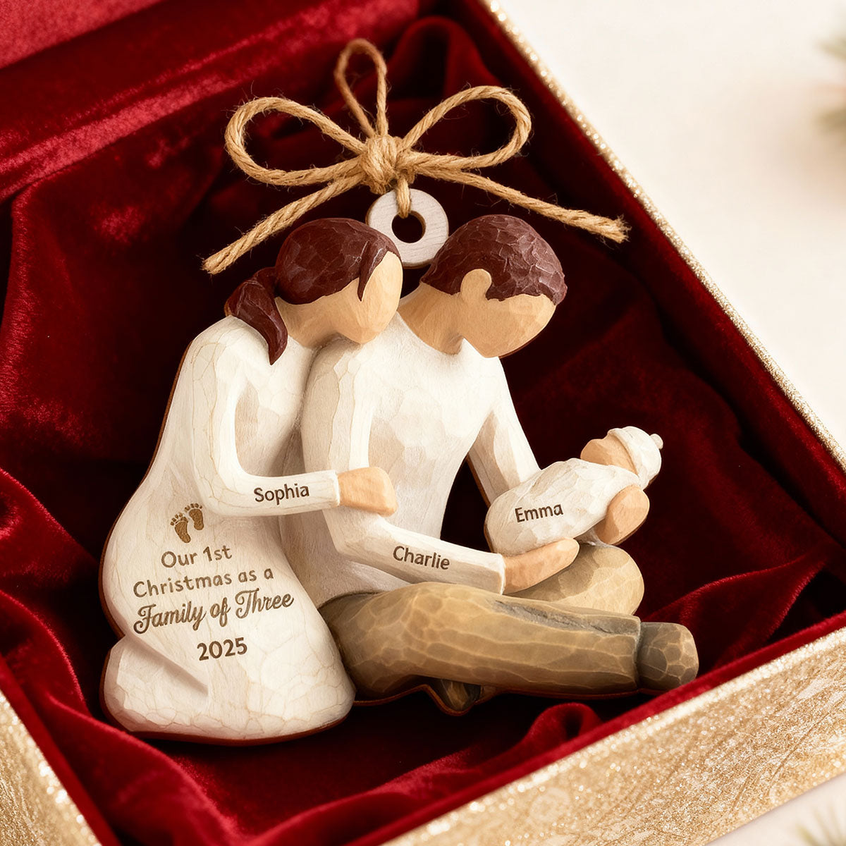 3D Effect First Christmas As Family Of Three Mom Dad Holding Baby - Personalized Wooden Ornament