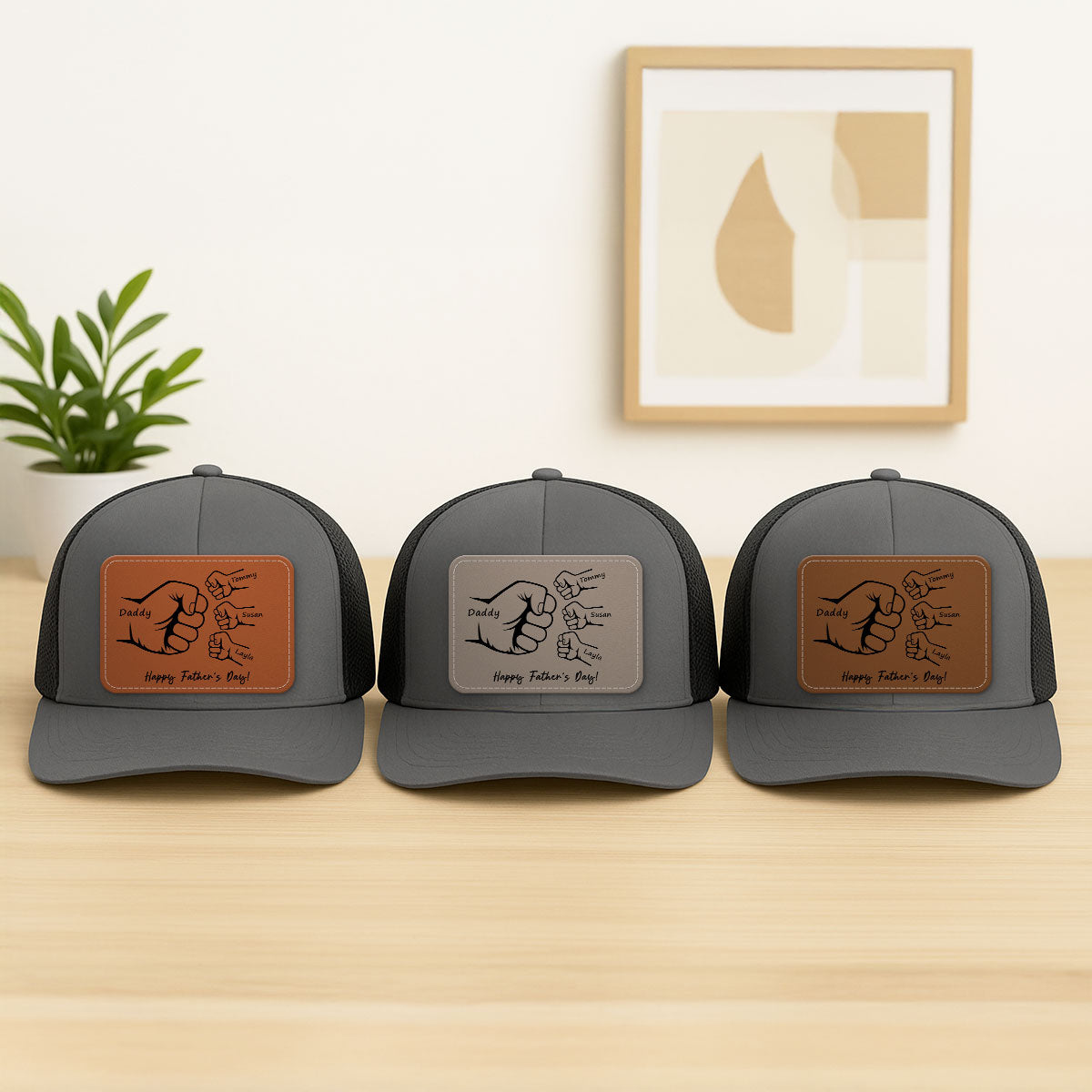 Daddy Grandpa Fist Bump Outline Personalized Leather Patch Hat, Father's Day gift