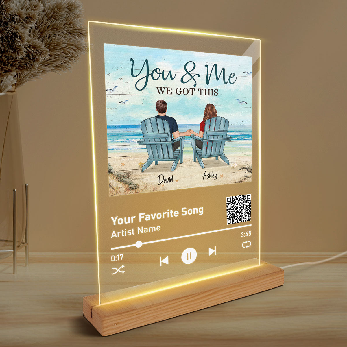 Back View Couple Sitting Beach Landscape Favorite Song Scannable QR Code Gift For Him For Her Personalized Rectangle Acrylic Plaque LED Night Light