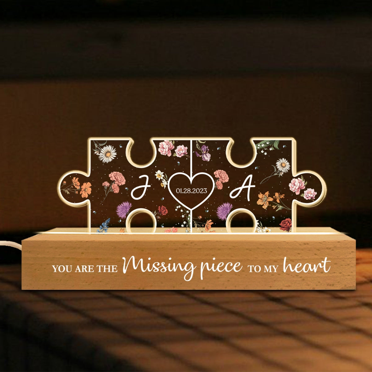Couple Initials Puzzle Pieces Floral Theme  Gift Personalized Acrylic Block LED Night Light