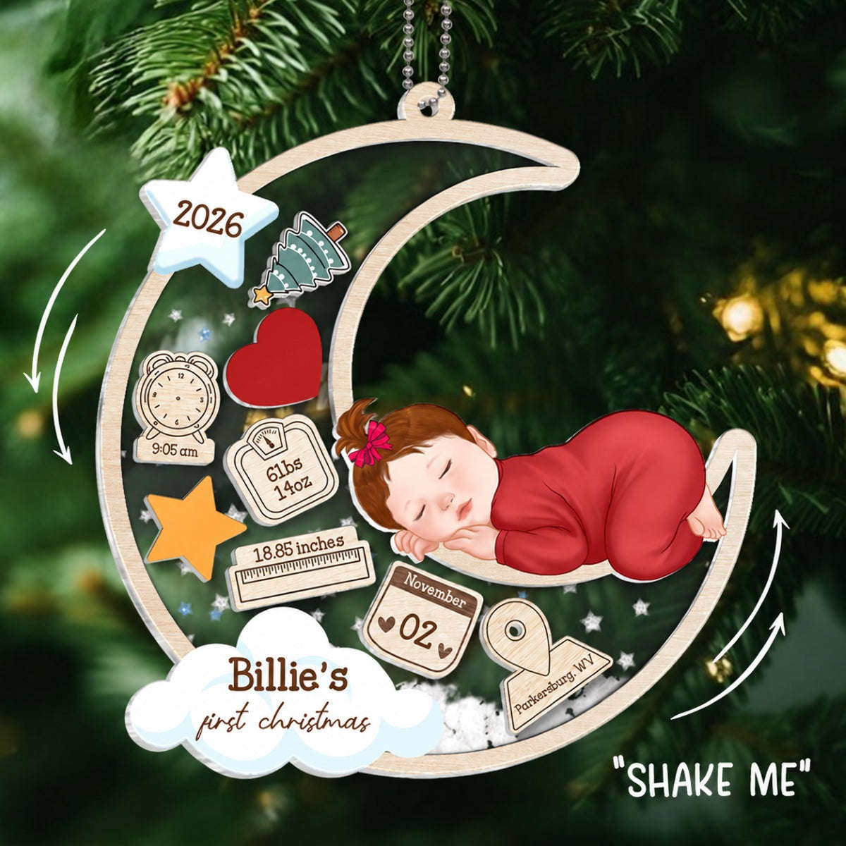 Baby Sleeping On Moon First Christmas Personalized 4D Shaker Ornament, Custom Newborn Gift
