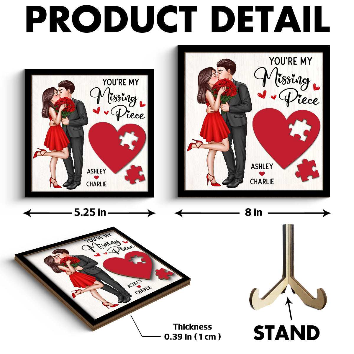 Elegant Couple Kissing Missing Piece Red Heart Valentine‘s Day Gift For Her Gift For Him Personalized 2-Layer Wooden Plaque