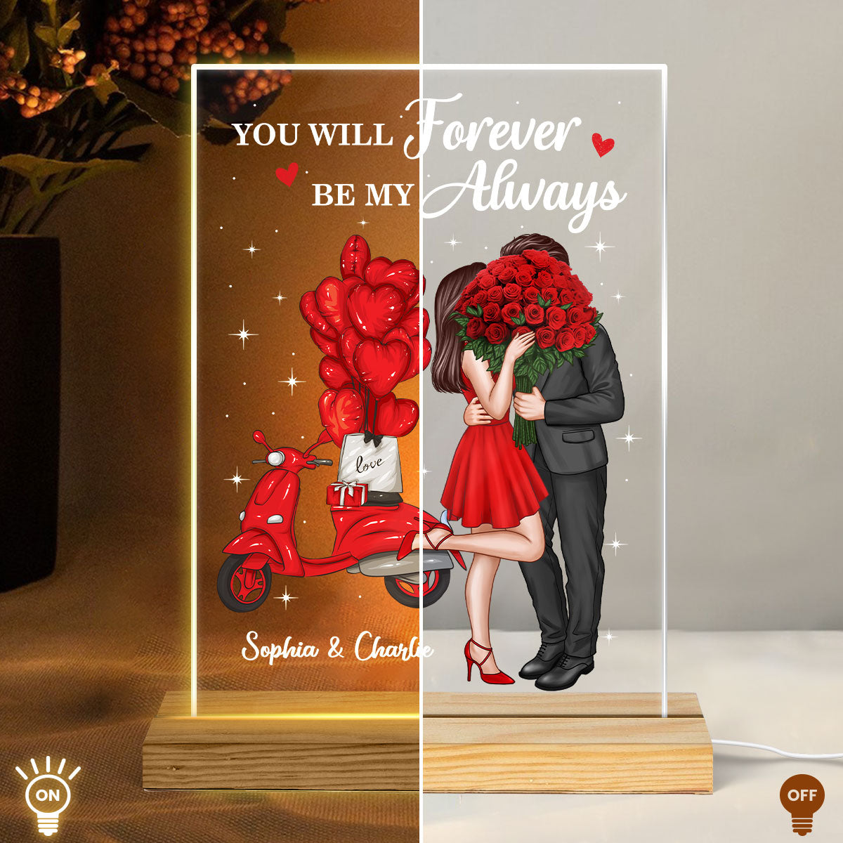 Elegant Couple Valentine‘s Gift Personalized Rectangle Acrylic Plaque LED Night Light