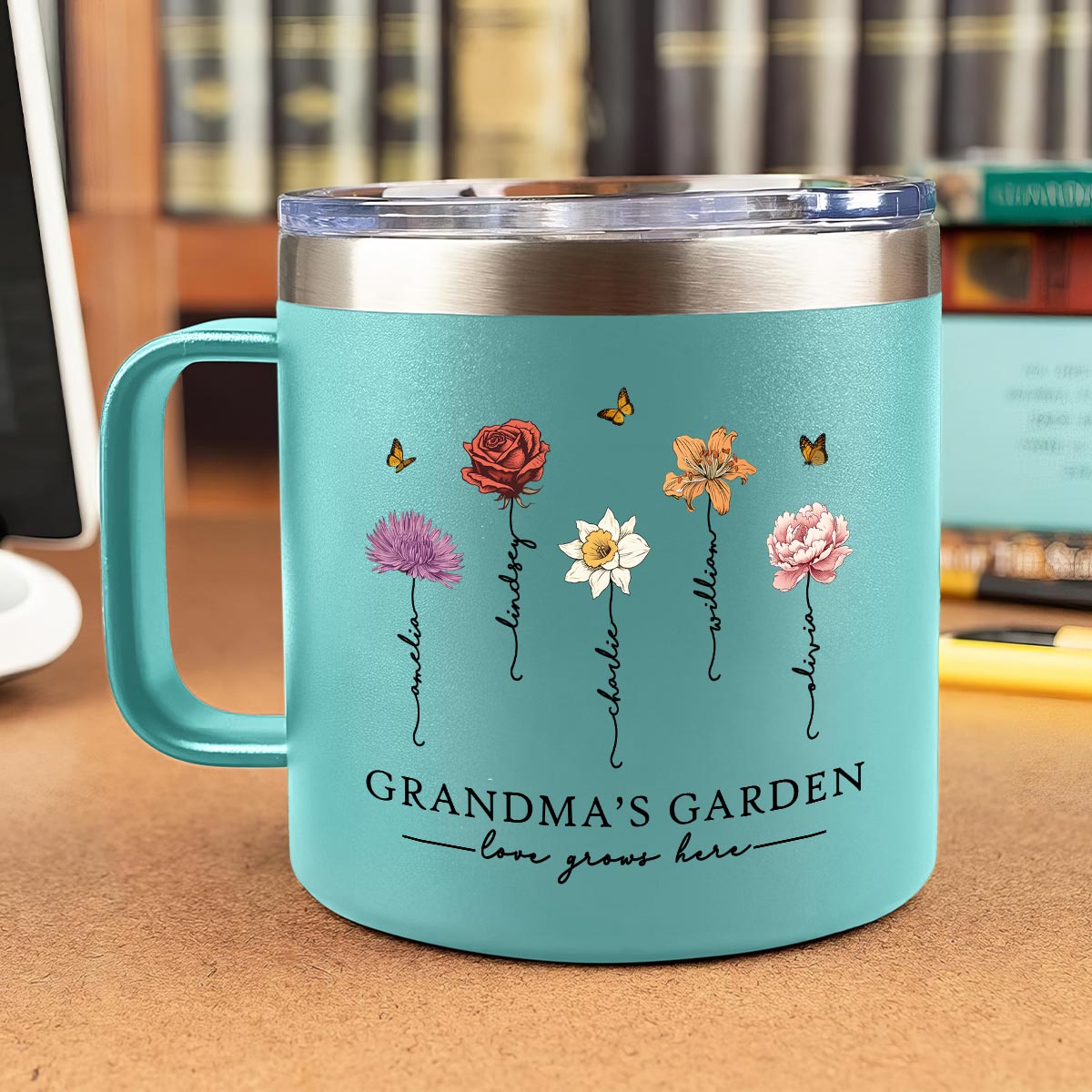 Grandma's Garden Love Grows Here Beautiful Birth Month Flower Personalized Stainless Tumbler With Handle