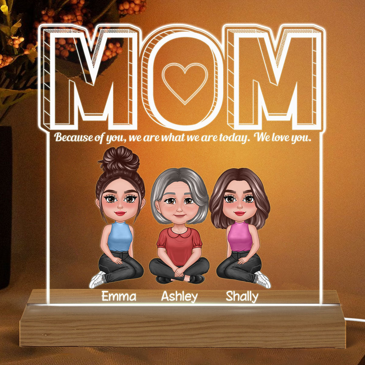Mom We Love You Pretty Mom Daughter Personalized Custom Shaped Acrylic Plaque With LED Night Light