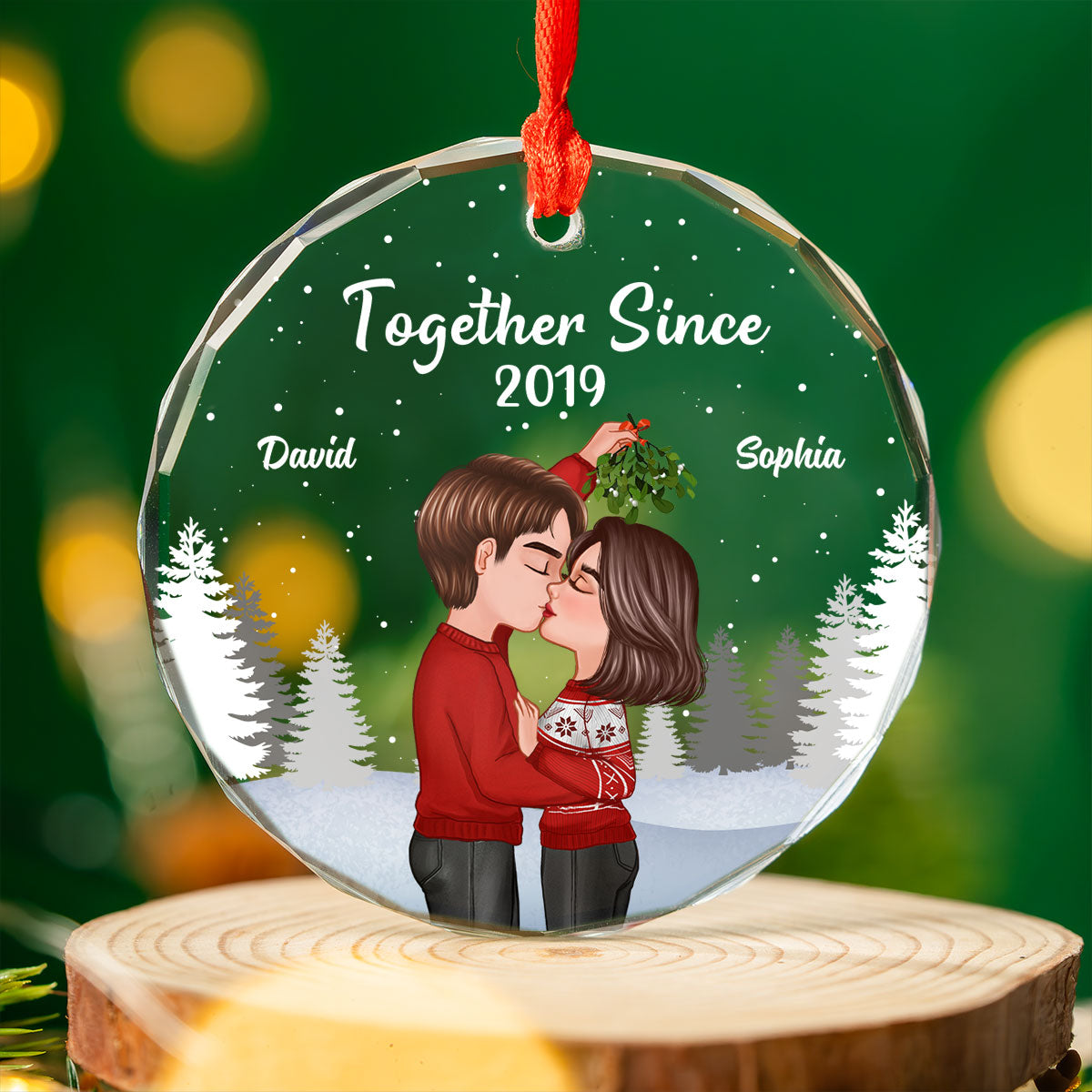 Couple Kissing Under Mistletoe Christmas Night Personalized Glass Ornament