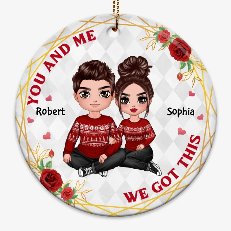 Doll Couple Embracing Floral Frame Personalized Circle Ornament