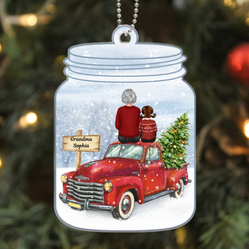 Grandma Grandkid Sitting On Christmas Truck In Mason Jar Personalized Acrylic Ornament
