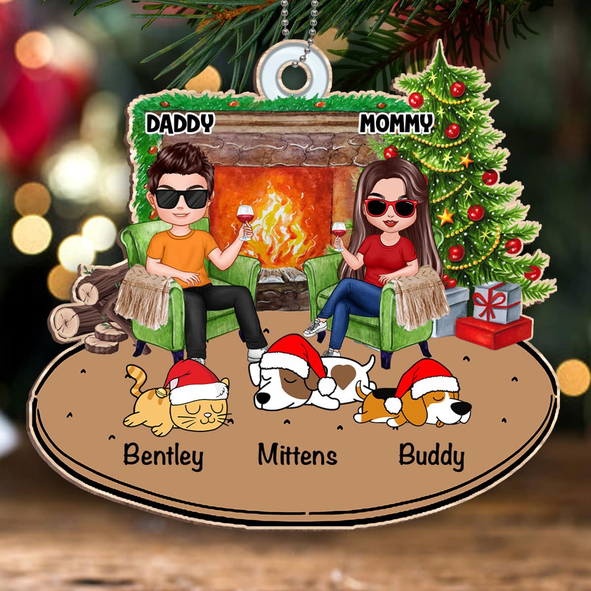Doll Couple And Dogs Cats Christmas Personalized Wooden Ornament
