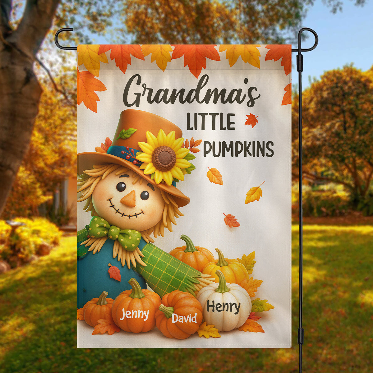 Grandma's Pumpkin Patch Scarecrow Personalized Garden Flag, Cozy Fall Decor for Grandma