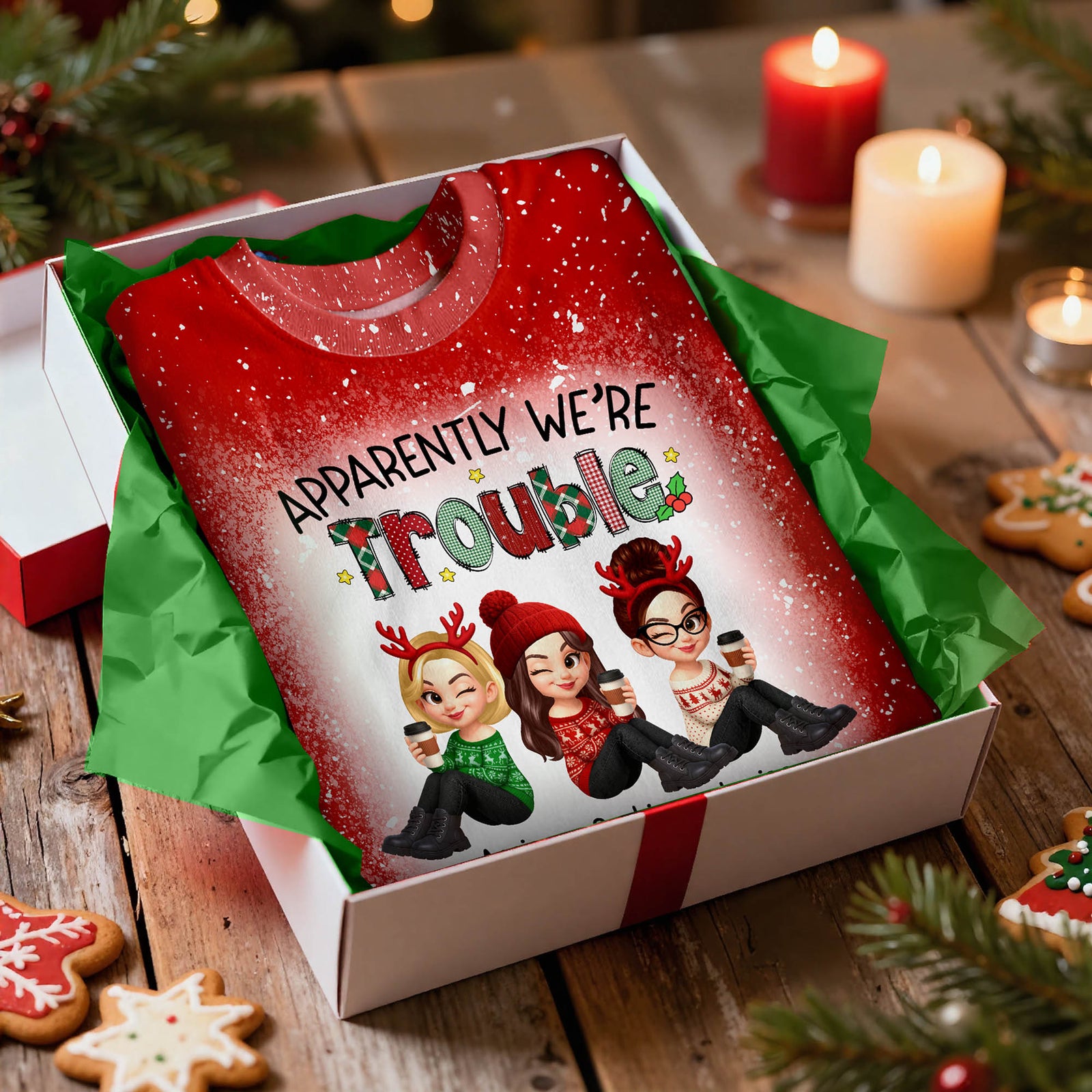 Christmas Besties Apparently We're Trouble When We're Together - Personalized Shirt - Gift For Best Friends, Matching Group Shirts