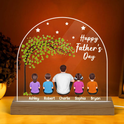 Happy Father‘s Day Dad And Kids Sitting Under Tree Personalized Custom Shape Warm LED Night Light
