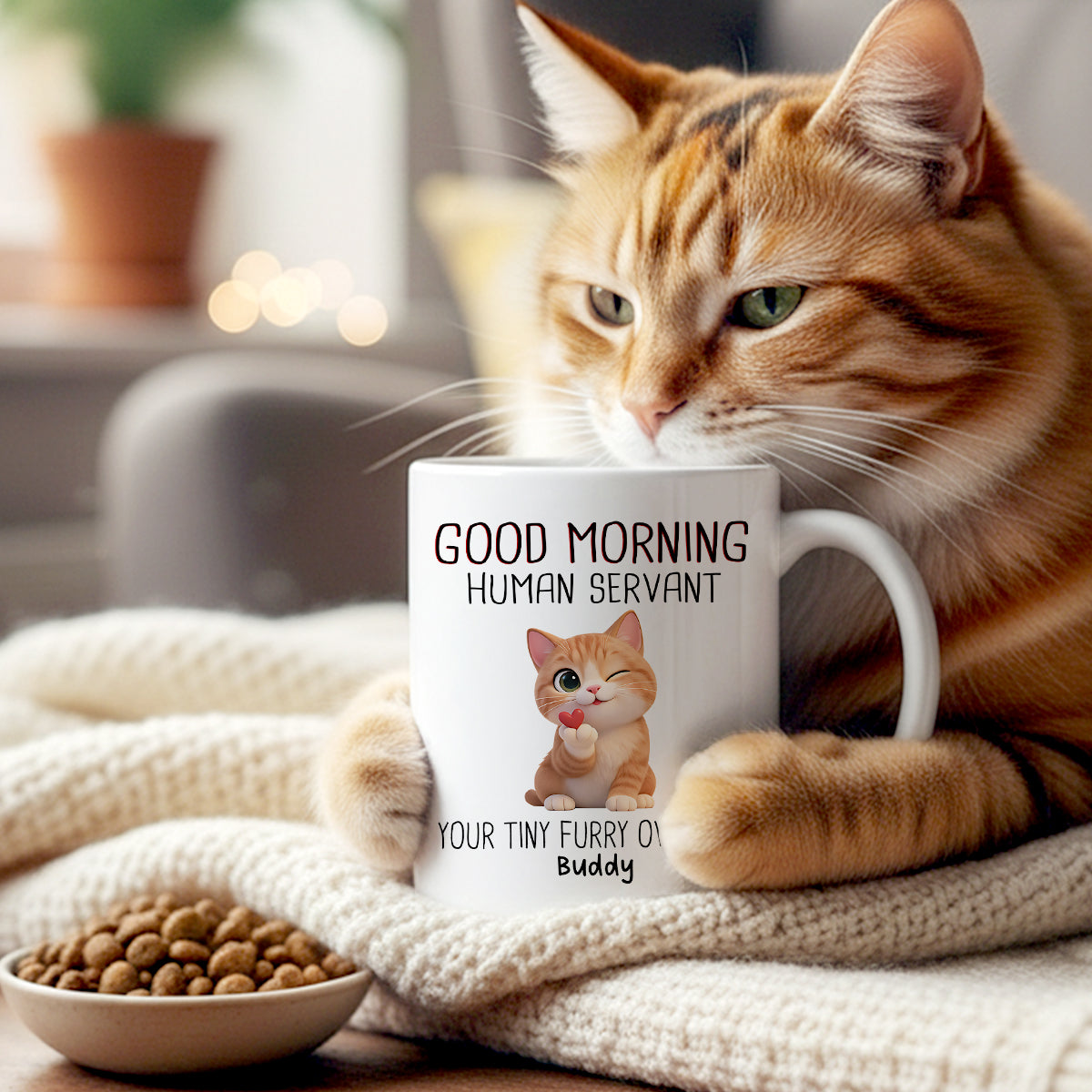 Good Morning Human Servant Cute Fluffy Cats - Personalized Mug - Funny Gift for Cat Moms, Cat Dads