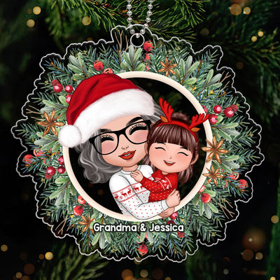 Grandma Hugging Grandkid Christmas Wreath Personalized Acrylic Ornament
