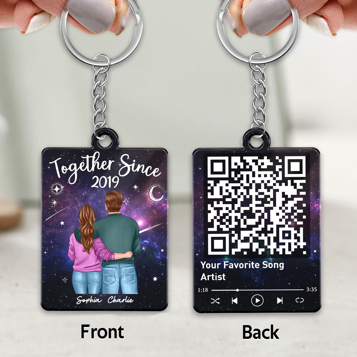 Back View Couple Standing Hugging In Galaxy Night Favorite Song Scannable QR Code Personalized Acrylic Keychain