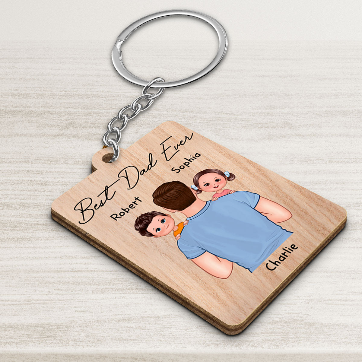 Dad Carrying Kids On Shoulder Gift For Dad Personalized Wooden Keychain