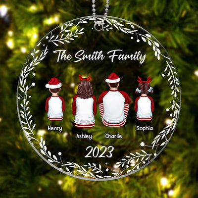 Family Sitting Back View White Frame Personalized Acrylic Ornament